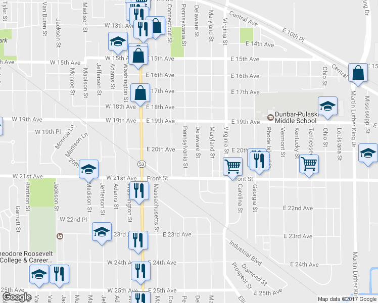 map of restaurants, bars, coffee shops, grocery stores, and more near 2001 Pennsylvania Street in Gary