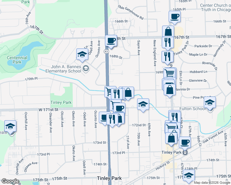 map of restaurants, bars, coffee shops, grocery stores, and more near 7121 170th Street in Tinley Park
