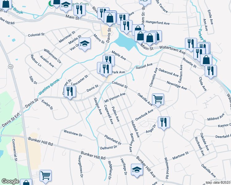 map of restaurants, bars, coffee shops, grocery stores, and more near 71 Bamford Avenue in Watertown
