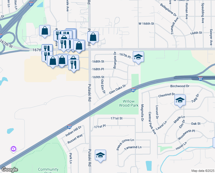 map of restaurants, bars, coffee shops, grocery stores, and more near 16936 Glen Oaks Drive in Country Club Hills