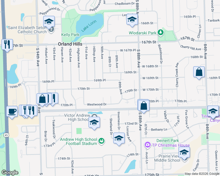 map of restaurants, bars, coffee shops, grocery stores, and more near 8938 170th Street in Orland Hills
