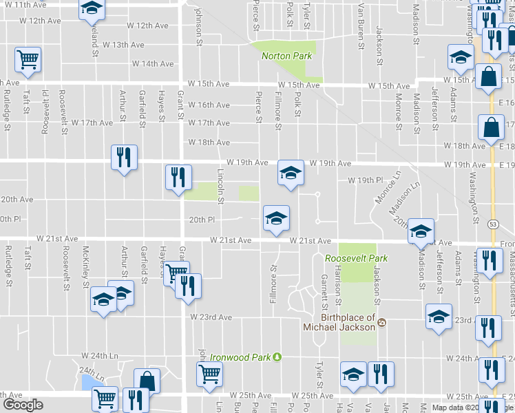 map of restaurants, bars, coffee shops, grocery stores, and more near 1201 West 20th Avenue in Gary