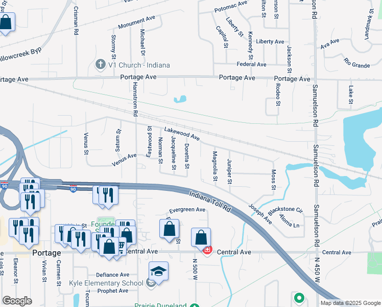 map of restaurants, bars, coffee shops, grocery stores, and more near 6501 Joseph Ave in Portage