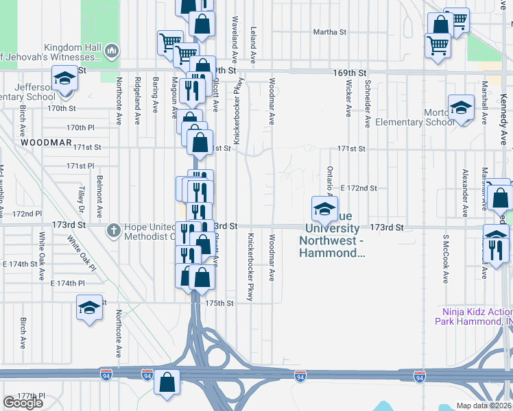 map of restaurants, bars, coffee shops, grocery stores, and more near 7245 Knickerbocker Pkwy in Hammond