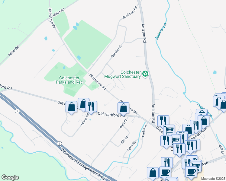 map of restaurants, bars, coffee shops, grocery stores, and more near 128 Old Hebron Road in Colchester