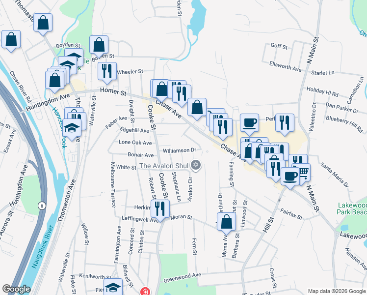 map of restaurants, bars, coffee shops, grocery stores, and more near 28 Park Lane in Waterbury