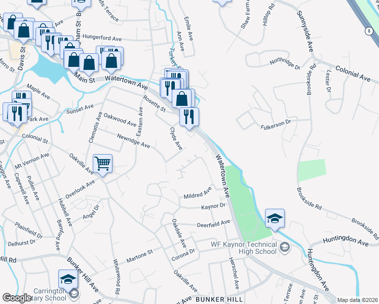 map of restaurants, bars, coffee shops, grocery stores, and more near 101 Madeline Avenue in Waterbury