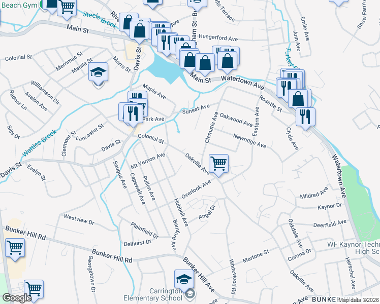 map of restaurants, bars, coffee shops, grocery stores, and more near 449 Oakville Avenue in Waterbury