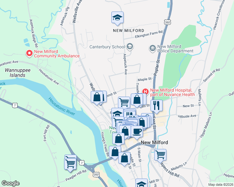 map of restaurants, bars, coffee shops, grocery stores, and more near 9 Aspetuck Avenue in New Milford