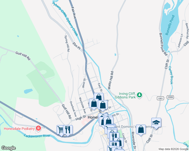 map of restaurants, bars, coffee shops, grocery stores, and more near 317 16th Street in Honesdale
