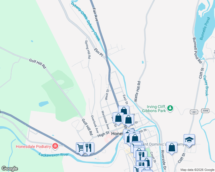 map of restaurants, bars, coffee shops, grocery stores, and more near 1706 Wood Avenue in Honesdale