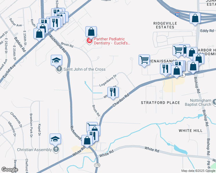 map of restaurants, bars, coffee shops, grocery stores, and more near 26675 Whiteway Drive in Richmond Heights