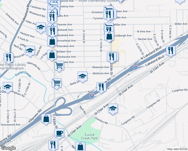 map of restaurants, bars, coffee shops, grocery stores, and more near 960 East 193rd Street in Cleveland