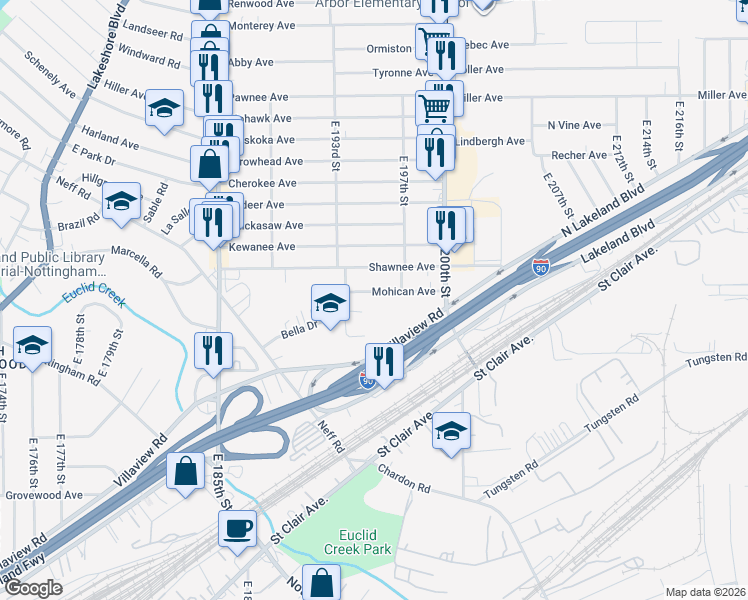 map of restaurants, bars, coffee shops, grocery stores, and more near 960 East 193rd Street in Cleveland