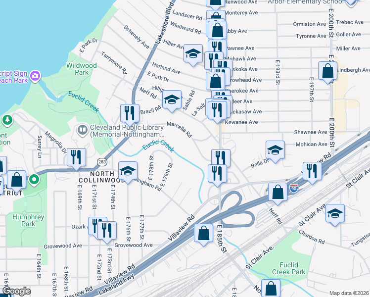 map of restaurants, bars, coffee shops, grocery stores, and more near 17859 Brian Avenue in Cleveland