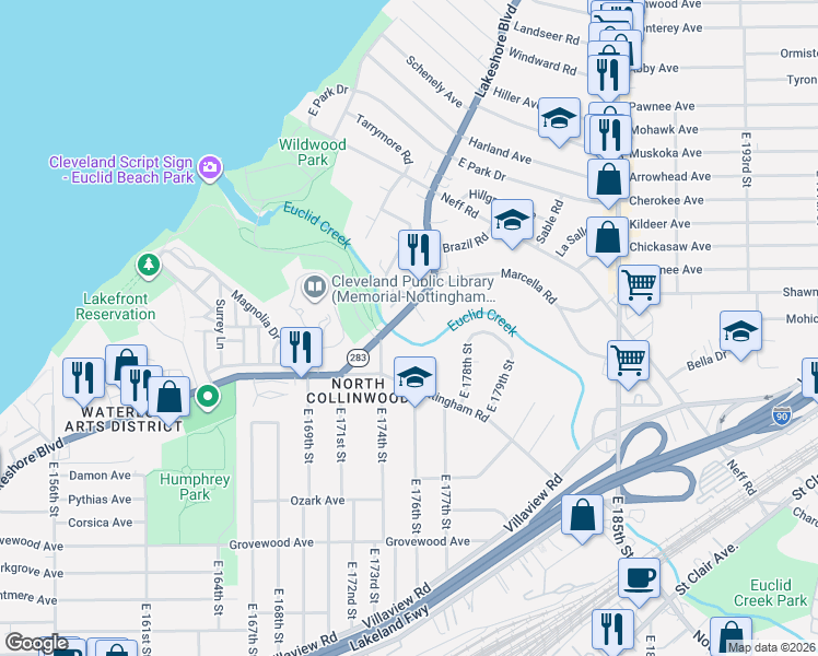 map of restaurants, bars, coffee shops, grocery stores, and more near 17403 Nottingham Road in Cleveland