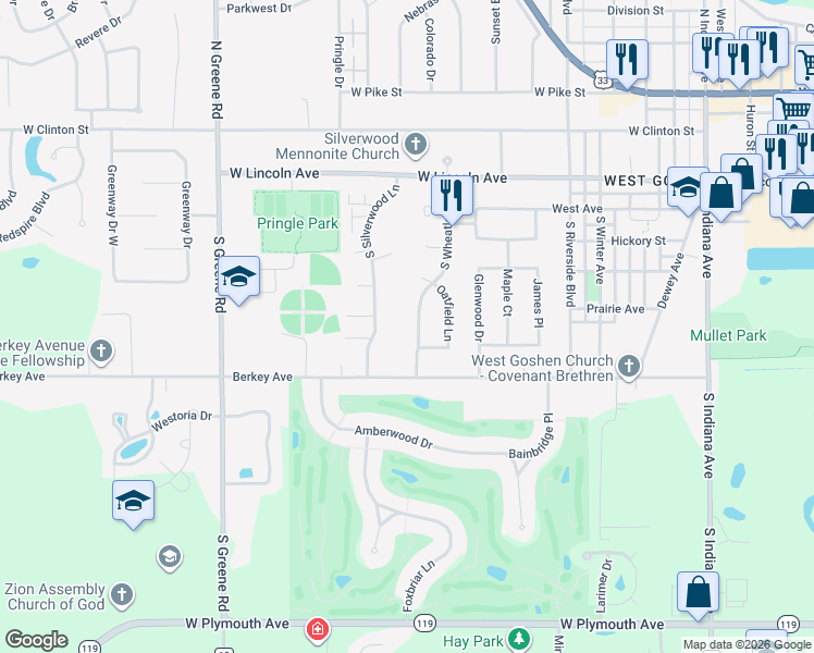 map of restaurants, bars, coffee shops, grocery stores, and more near 513 South Wheatland Drive in Goshen