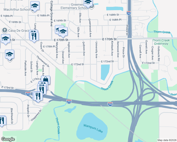 map of restaurants, bars, coffee shops, grocery stores, and more near 17300 Greenwood Avenue in South Holland