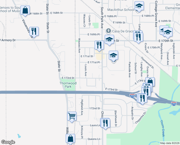 map of restaurants, bars, coffee shops, grocery stores, and more near 17241 Louis Court in South Holland