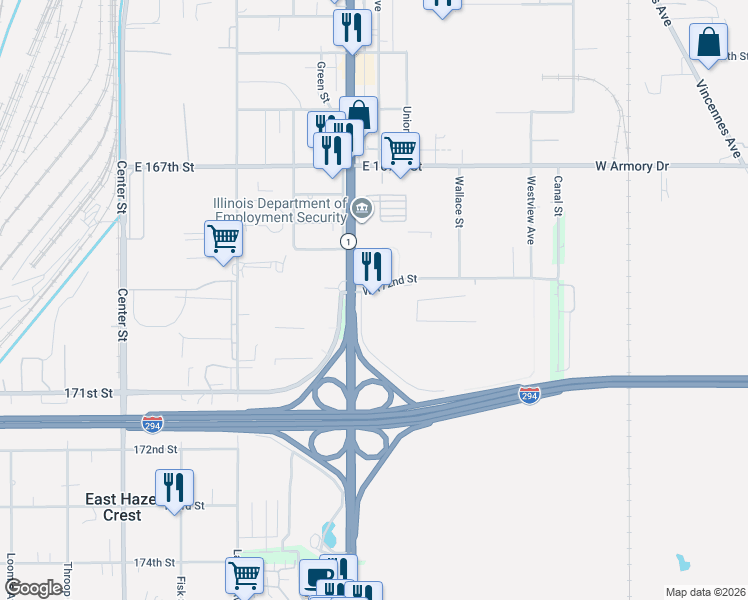 map of restaurants, bars, coffee shops, grocery stores, and more near 17255 Halsted Street in South Holland