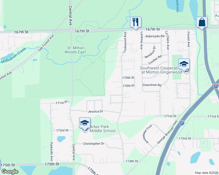 map of restaurants, bars, coffee shops, grocery stores, and more near 17028 Judy Court in Oak Forest