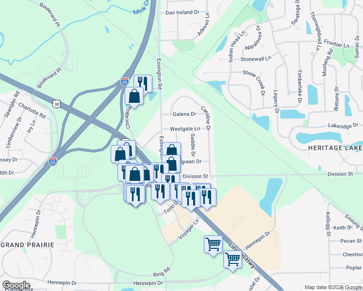 map of restaurants, bars, coffee shops, grocery stores, and more near 3215 Pinecrest Drive in Joliet