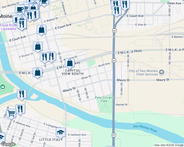map of restaurants, bars, coffee shops, grocery stores, and more near 1021 Shaw Street in Des Moines