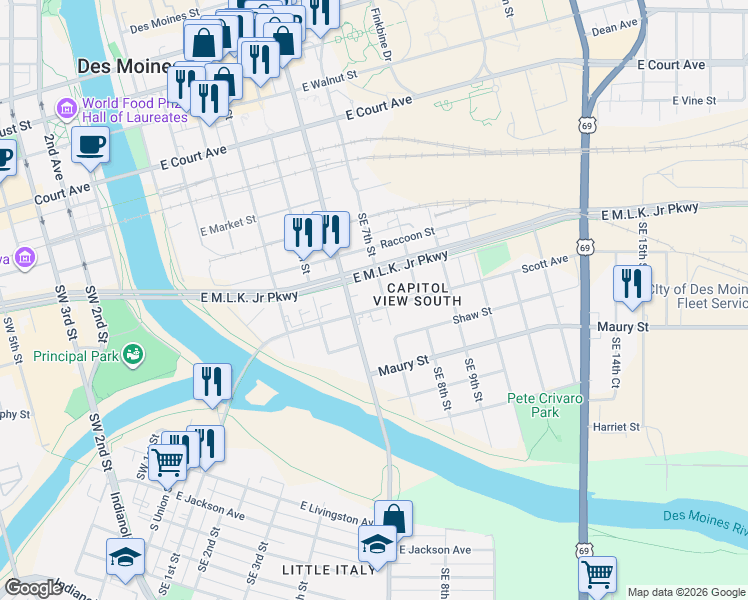 map of restaurants, bars, coffee shops, grocery stores, and more near 605 Scott Avenue in Des Moines