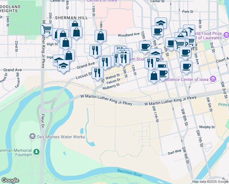 map of restaurants, bars, coffee shops, grocery stores, and more near 1420 Mulberry Street in Des Moines