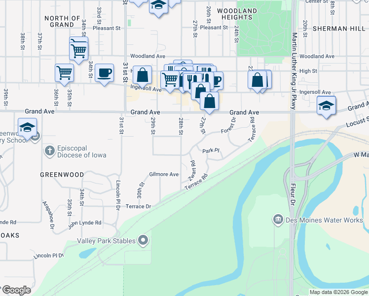 map of restaurants, bars, coffee shops, grocery stores, and more near 2750 Forest Drive in Des Moines