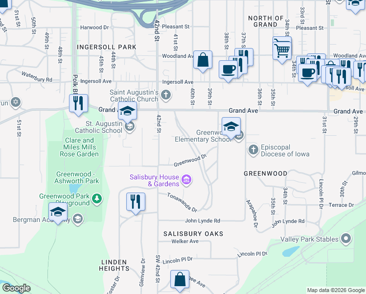 map of restaurants, bars, coffee shops, grocery stores, and more near 4137 Greenwood Drive in Des Moines