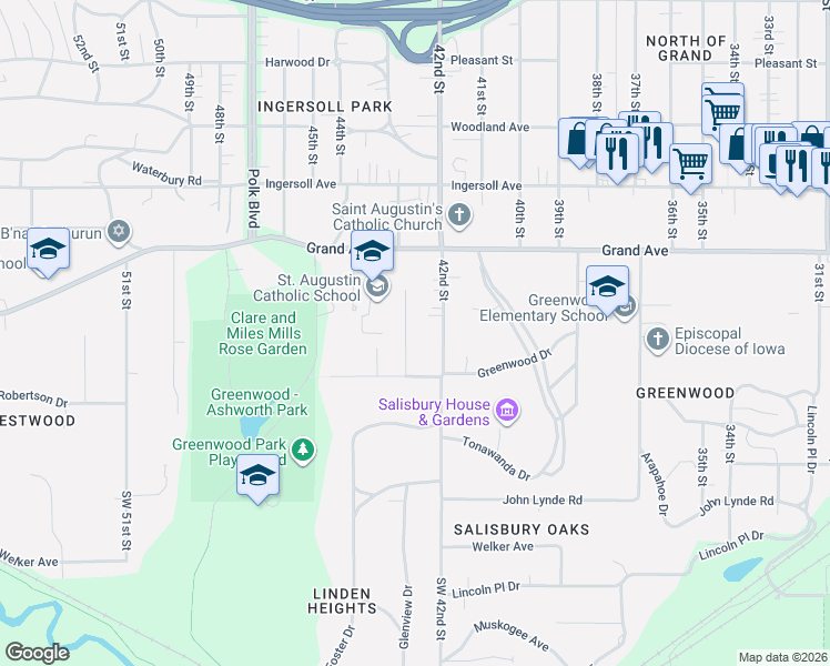 map of restaurants, bars, coffee shops, grocery stores, and more near 314 42nd Street in Des Moines