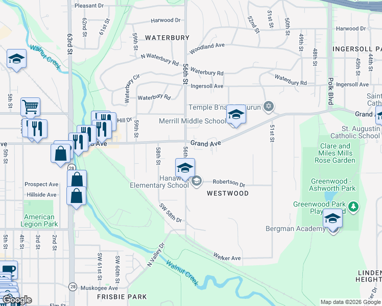 map of restaurants, bars, coffee shops, grocery stores, and more near 315 56th Street in Des Moines