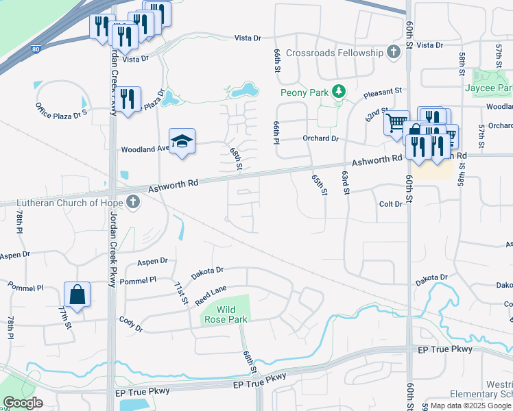 map of restaurants, bars, coffee shops, grocery stores, and more near 900 67th Street in West Des Moines
