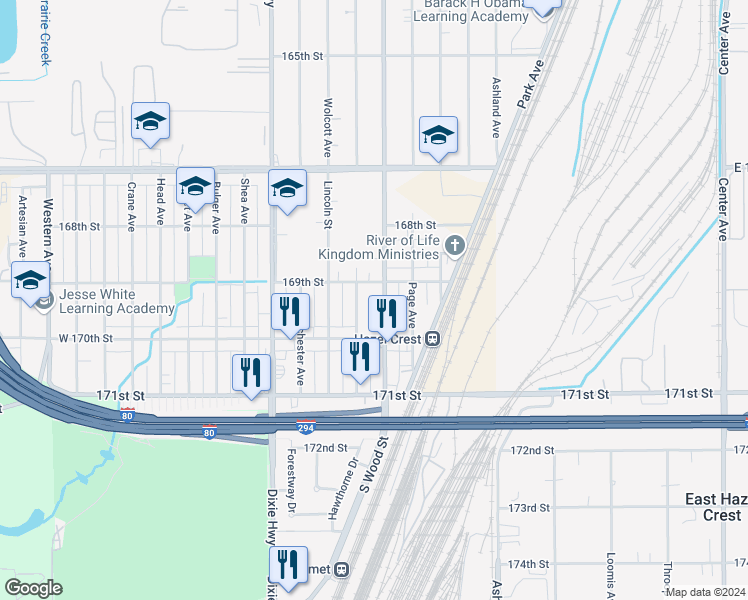 map of restaurants, bars, coffee shops, grocery stores, and more near 16926 South Wood Street in Hazel Crest
