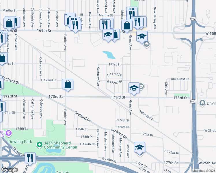 map of restaurants, bars, coffee shops, grocery stores, and more near 7242 Maryland Avenue in Hammond
