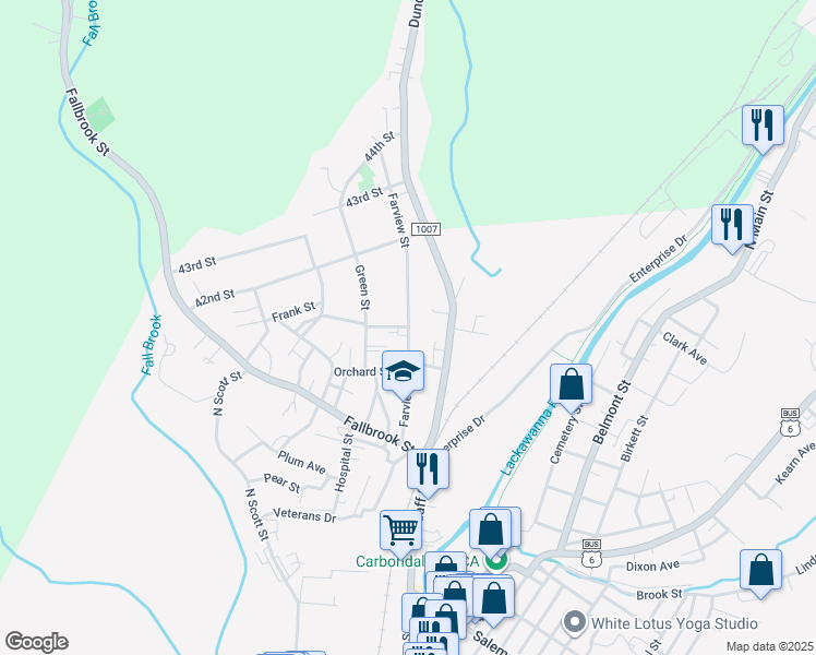 map of restaurants, bars, coffee shops, grocery stores, and more near Farview Street in Carbondale