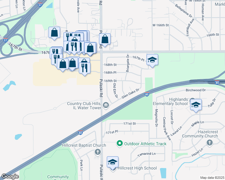 map of restaurants, bars, coffee shops, grocery stores, and more near 16924 Old Elm Drive in Country Club Hills