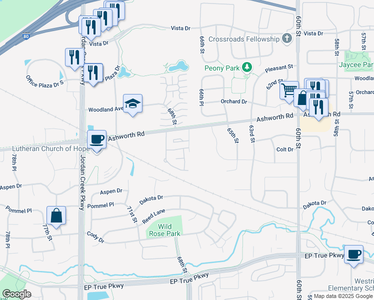 map of restaurants, bars, coffee shops, grocery stores, and more near 900 67th Street in West Des Moines