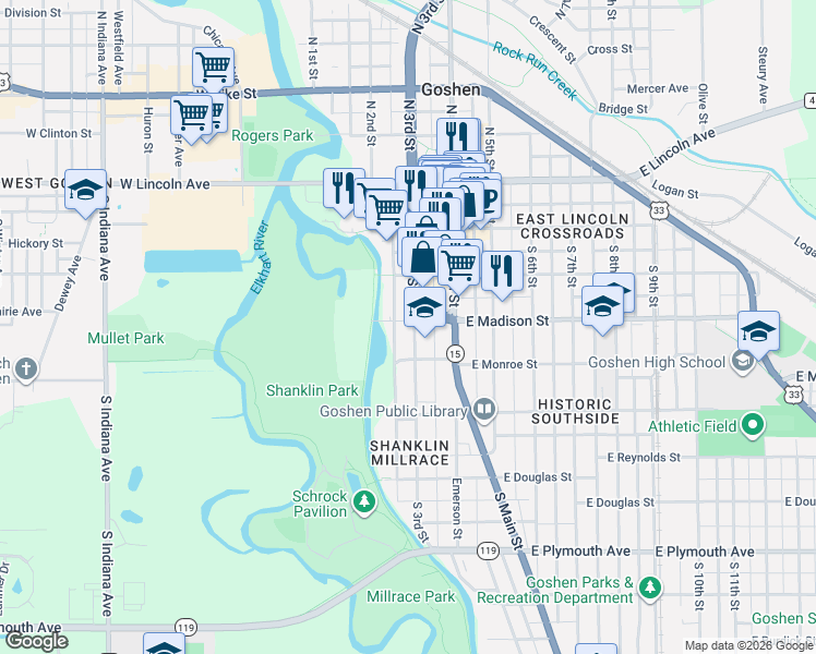 map of restaurants, bars, coffee shops, grocery stores, and more near 401 South 3rd Street in Goshen