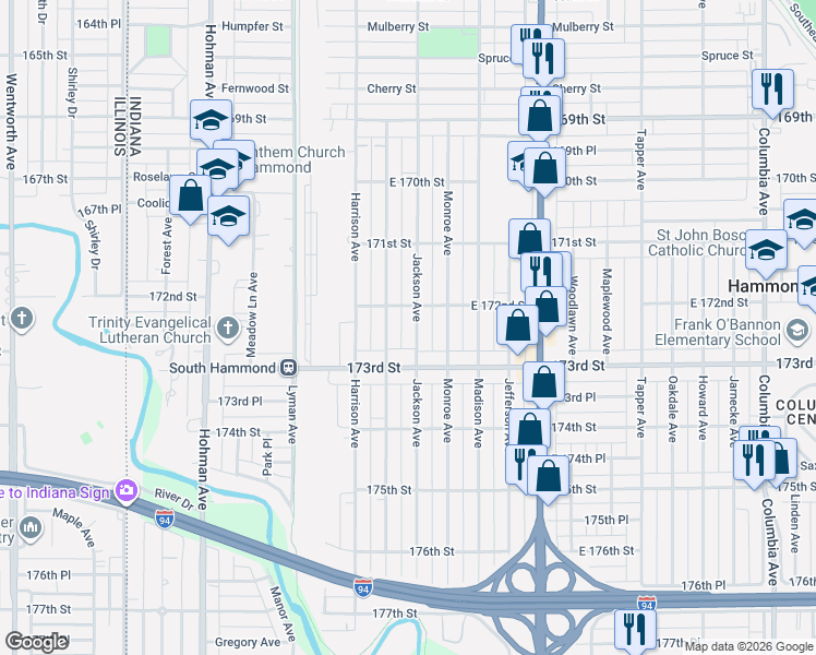 map of restaurants, bars, coffee shops, grocery stores, and more near 541 173rd St in Hammond
