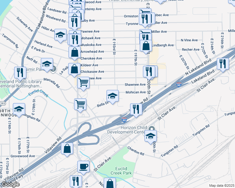 map of restaurants, bars, coffee shops, grocery stores, and more near 960 E 193rd St in Cleveland
