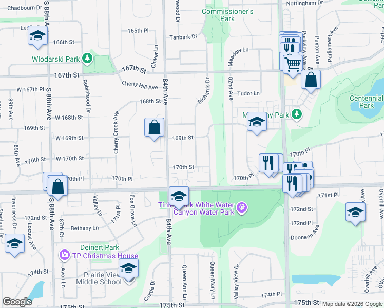 map of restaurants, bars, coffee shops, grocery stores, and more near 8300 170th Street in Tinley Park