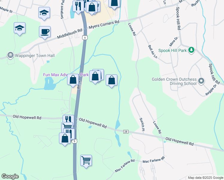 map of restaurants, bars, coffee shops, grocery stores, and more near 1404 U.S. 9 in Wappingers Falls