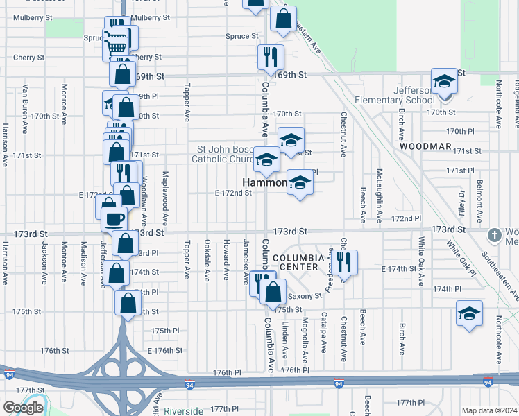 map of restaurants, bars, coffee shops, grocery stores, and more near 7222 Columbia Avenue in Hammond