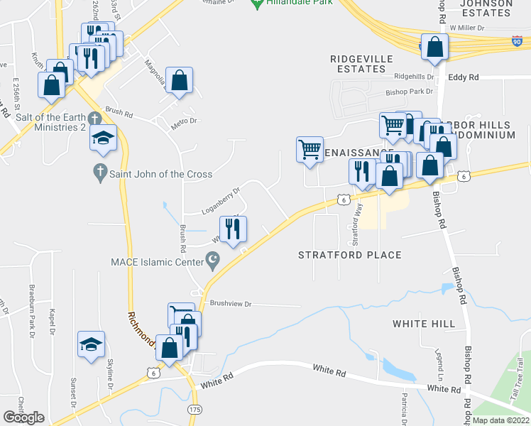 map of restaurants, bars, coffee shops, grocery stores, and more near 27127 Chardon Road in Richmond Heights