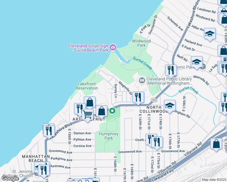 map of restaurants, bars, coffee shops, grocery stores, and more near 46 Surrey Lane in Cleveland