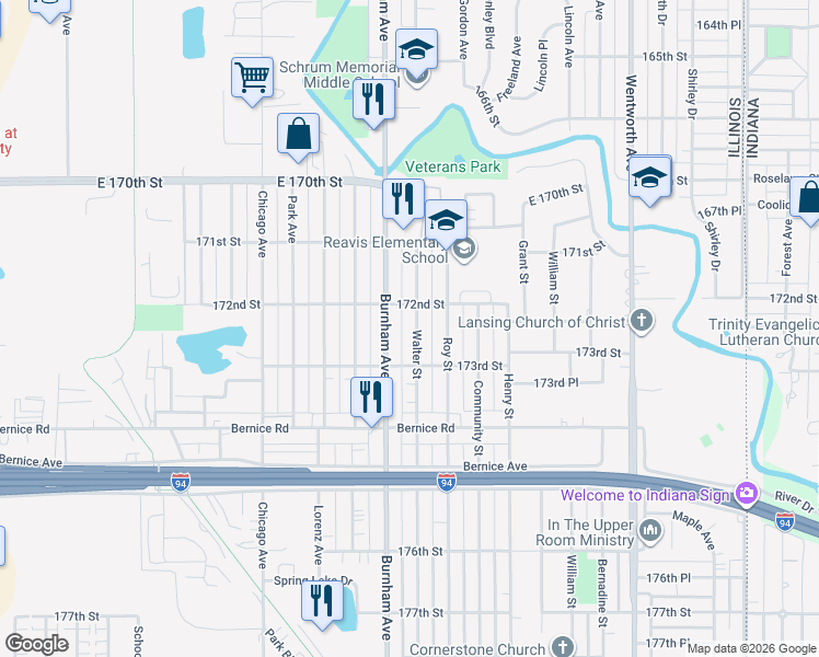 map of restaurants, bars, coffee shops, grocery stores, and more near 17246 Walter Street in Lansing