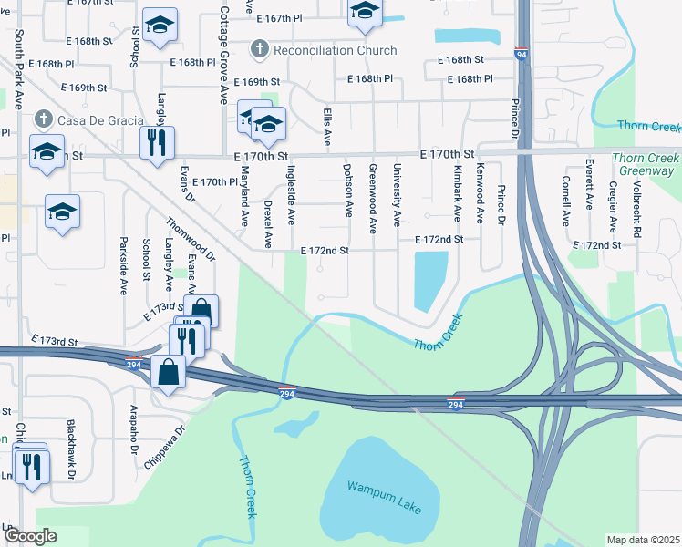 map of restaurants, bars, coffee shops, grocery stores, and more near 1010 East 173rd Street in South Holland