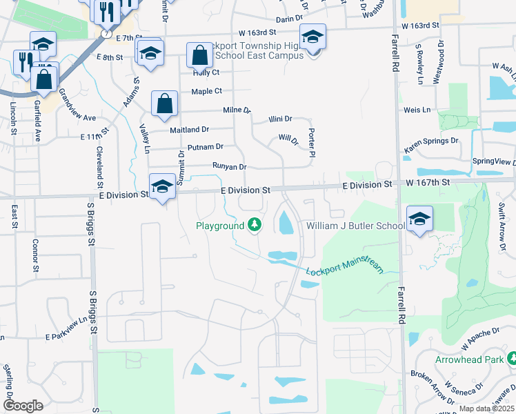 map of restaurants, bars, coffee shops, grocery stores, and more near 1101 East Division Street in Lockport